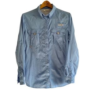 Columbia PFG Button Up Shirt Womens Medium Blue Vented Fishing Long Sleeve m